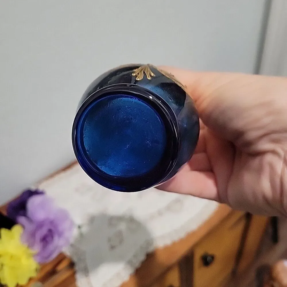 Vintage Venetian Murano Cobalt Blue Vase Floral Enamel 24K Gold Painted Art 4